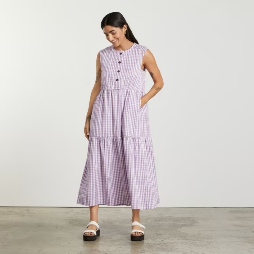 Everlane Gingham Checked Purple Cotton Dress Size Extra Small